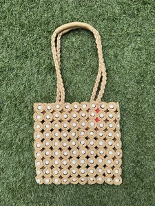 Handwoven Double Handle Straw Raffia Pearl Embellished Tote Beach Bag Handbag - Picture 1 of 3