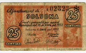 # SPAIN CIVIL WAR 1937 • SOLSONA 25 CTS MUNICIPAL ☆ GUERRA CIVIL ESPAÑOLA ☆D1694 - Picture 1 of 2