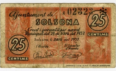 # SPAIN CIVIL WAR 1937 • SOLSONA 25 CTS MUNICIPAL ☆ GUERRA CIVIL ESPAÑOLA ☆D1694 - Image 1 of 2