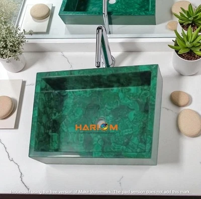 18"x12"x6" Handcrafted Malachite Stone Sink Natural Green Gemstone Bathroom Sink - Image 1 of 4