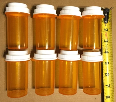 Lot 8 Empty Medicine Pill Plastic Amber Bottles Prescription Crafts FREE SHIPPIN - Image 1 of 3