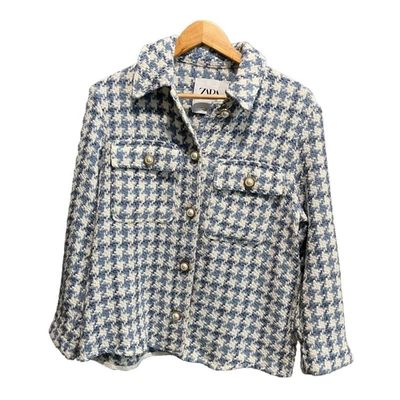 Zara White and Light Blue Tweed Faux Pearl Buttons Blazer Jacket Size Small - Image 1 of 4