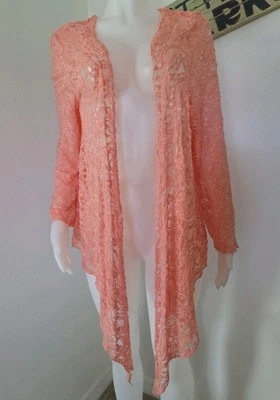 Kaktus Brand Beautiful Boho Open Front Sheer Paisley Lace Cardigan Peach Size 3X - Image 1 of 4