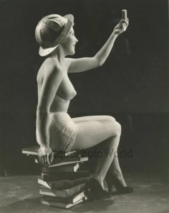 Nude woman in construction hat sitting on books antique art photo - Picture 1 of 1