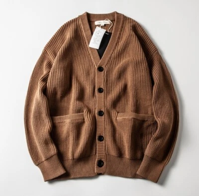 Cárdigan suéter cárdigan tejido cuello en V color liso suelto japonés vintage para hombre Foto 1 de 4