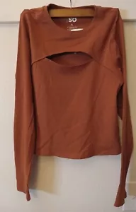 SO Shirt Womens Size XL Rust Brown Keyhole Bust Long Sleeve Ribbed Cutout - Picture 1 of 9
