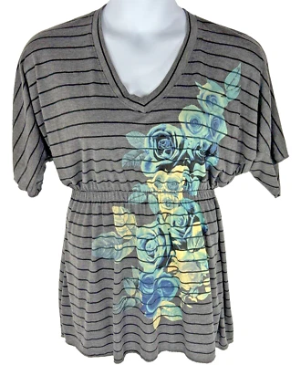 Blusa túnica elástica vintage Suzie para mujer M gris floral manga corta con volantes Foto 1 de 4