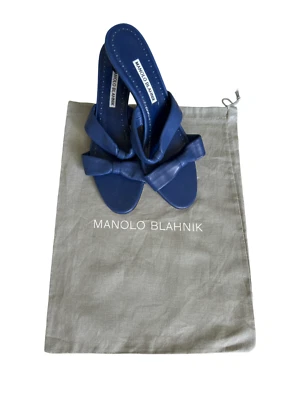Manolo Blahnik Blue Leather Double Strap Mule Sandals - Size 38 - Image 1 of 4