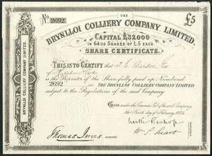 Brynlloi Colliery Co. Ltd., £5 share, 1874 - Picture 1 of 1