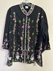 Vintage 70S Caro Hawaiian Shirt Tunic Top Button Up Embroidered Black L/Xl 18