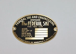 Federal Ski Brass Data Plate, Acid Etched, A Duplication of the Original! Nice! - Bild 1 von 1