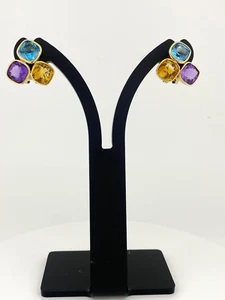 Multi Gem - Topaz, Amethyst, Citrine - Forget Me Not 14K Yellow Gold Earrings - Picture 1 of 5