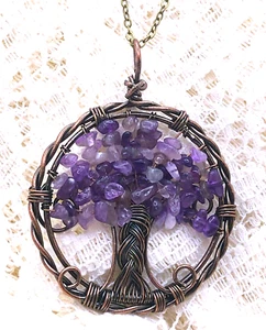 Beautiful! ANTIQUED COPPER Wire Wrapped AMETHYST TREE of LIFE Pendant #23 - Picture 1 of 2