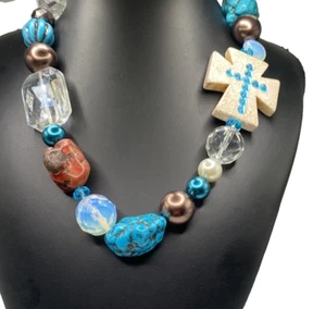 Large Howlite Cross gemstone necklace, Turquoise Magnesite Opelite Crystal Glass - Picture 1 of 9