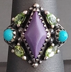 Carolyn Pollack Ornate Sterling Silver Opaque Purple Peridot Turquoise Sz 8 - Picture 1 of 8