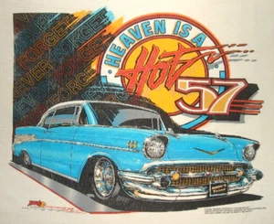 HEAVEN IS A HOT 57 T SHIRT SZ LG CHEVY BEL AIR FRUIT OF THE LOOM ANDY’S 1993 - Picture 1 of 4