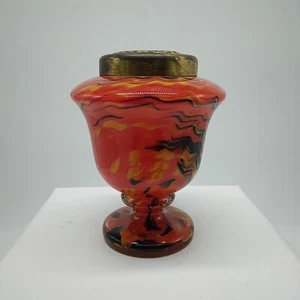 Vintage Art Deco Style Glass Vase & Lid - Yellow, Orange, & Red Marble Pattern - Picture 1 of 13