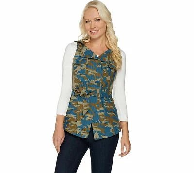 Camo Print Vest Sz 10 Blue Olive Zip Collar Belted Pocket Sleeveless G.I.L.I. - Image 1 of 4