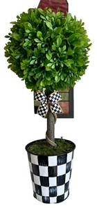 Hand Painted Boxwood Topiary - Designer Inspired - Black & White Check - Picture 1 of 5