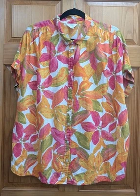 Blusa Time & True XL 16-18 Floral Dolman Mangas Cortas Algodón Botón Frontal Foto 1 de 4