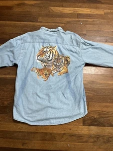 Vintage Rare Polar Graphics Denim Shirt Men L Blue Tiger Las Vegas Button-Down - Picture 1 of 10