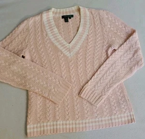 Lauren Ralph Lauren Pullover Damen Small Rosa Zopfmuster Tennispullover V-Ausschnitt - Bild 1 von 13