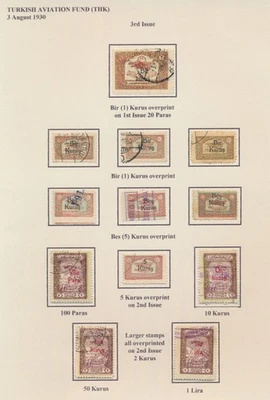 TURKEY STAMPS 1930 3rd ISSUED AVIATION FUND PAGE SET TO 1 LIRE w BIR KURUS VFU - Image 1 of 4