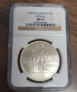 1995 D Atlanta Cent. Olympic Games "Cycling" Comm. Unc Silver Dollar NGC MS70 - Picture 1 of 5