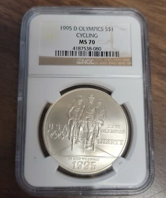 1995 D Atlanta Cent. Olympic Games "Cycling" Comm. Unc Silver Dollar NGC MS70 - Image 1 of 4