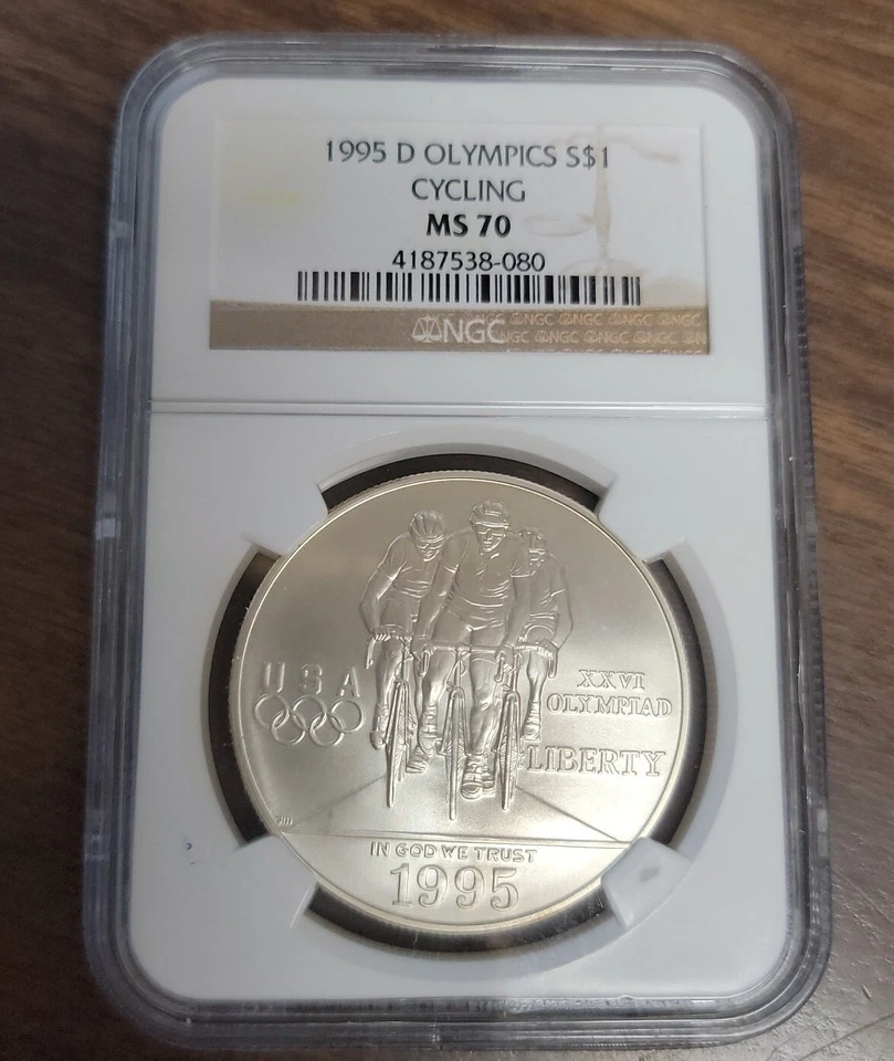 1995 D Atlanta Cent. Olympic Games "Cycling" Comm. Unc Silver Dollar NGC MS70 - Image 1 of 4