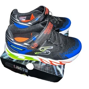 SKECHERS Youth Boys Size 4 Shoes Flex Glow Elite Light Up Bolt Sneakers BLK BL - Picture 1 of 18