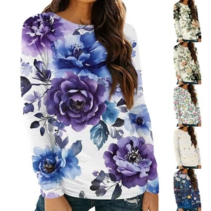 Womens Long Sleeve Round Neck Shirts Basic Tee Casual Top Fall Trendy Outfits - Picture 1 of 30