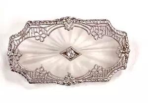 Vintage 14K White Gold Art Deco Camphor Glass Brooch Pin with Diamond - Picture 1 of 5