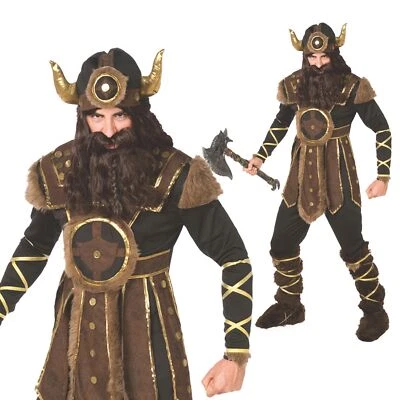 Men`s Viking Warrior Costume + Helmet Nordic Barbarian Warrior Outfit Halloween - Image 1 of 4