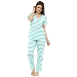 NEW Ladies 100% Cotton White and Green Stripes Pyjamas/Loungewear - Afbeelding 1 van 1