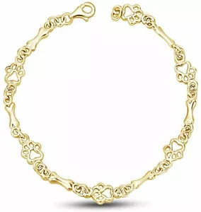 Charm Dog Paw & Bone Link Bracelet in 14k Yellow Gold Plated Silver Women's 7.5" - Picture 1 of 8