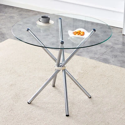 Contemporary Round Glass Top Dining Table 36.60" in Clear With Silver Metal Legs - Image 1 of 4