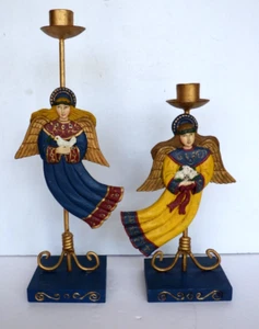 2 Winter Winds Folk Art Angel Non Matching Candleholders Midwest Canon Falls - Picture 1 of 12