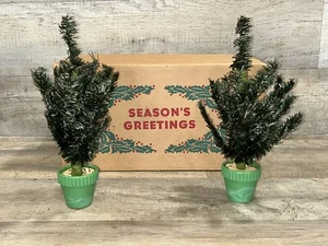 Vtg Pair Of 1940s Cellophane Christmas Trees With/ Akro Agate Jadite Bases & Box - Picture 1 of 20