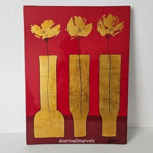 VTG Lacquered Painting Gold & Red on Board Minimalist Three Flowers Signed - Picture 1 of 7