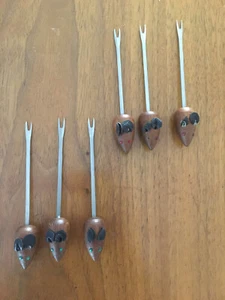 Vtg Wooden Mice w/jeweled eyes Hors D'Oeuvre Appetizer Fork Picks made Denmark 6 - Picture 1 of 6