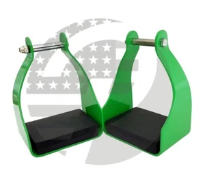 Aluminum Western Horse Endurance Riding Trail Green Stirrups 2.25 Inch Neck - Picture 1 of 2