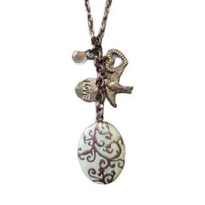 VTG Ivory Enamel Locket Heart Bird Love Charm Necklace Victorian Style Retro 22" - Picture 1 of 5