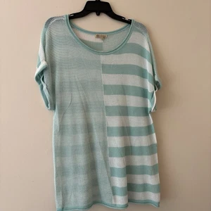 Democracy Mint + White Stripe Mesh Knit Top L | Oversized Beach Layering Piece - Picture 1 of 5