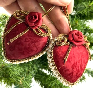 Pair of 2 - Red & Gold Pillow Heart Shaped Ornaments with Faux Pearl Border - Picture 1 of 4