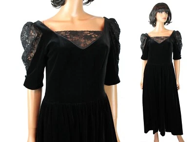 Laura Ashley Dress S 10 Vintage NOS Black Cotton Velvet Lace Prom Cocktail Gown - Image 1 of 4