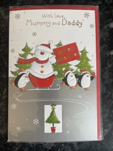 Mummy & Daddy Merry Christmas Card Ice Skating Penguins Snowman - Picture 1 of 2