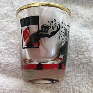 Vintage Good Luck Shot Glass Kick the Cat Black etching Red Accents Gold Trim - Picture 1 of 11