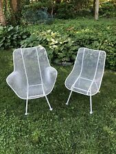 Two Russell Woodard White  Wrought Iron Steel Mesh  Sculptura Chairs ~ Cape Cod