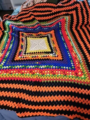 Vtg Handmade Multicolor Crochet  Afghan Stripes Squares Blanket Throw 72”x 65” - Image 1 of 4